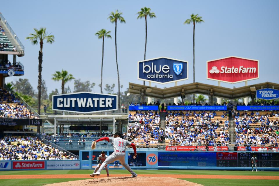May 19, 2024; Los Angeles, California, USA; Cincinnati Reds pitcher Hunter Greene (21) throws against the Los Angeles Dodgers during the second inning at Dodger Stadium.