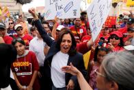 FILE PHOTO: U.S. Democratic presidential candidate and U.S. Senator Kamala Harris joins with striking McDonalds workers in Las Vegas