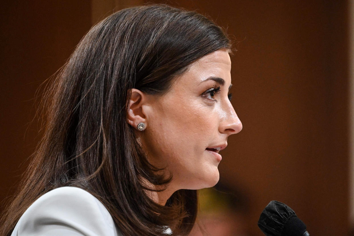 Cassidy Hutchinson, a top aide to former White House Chief of Staff Mark Meadows, testifies during the sixth hearing by the House Select Committee to Investigate the January 6th Attack on the U.S. Capitol on June 28, 2022. (Mandel Ngan / AFP - Getty Images)