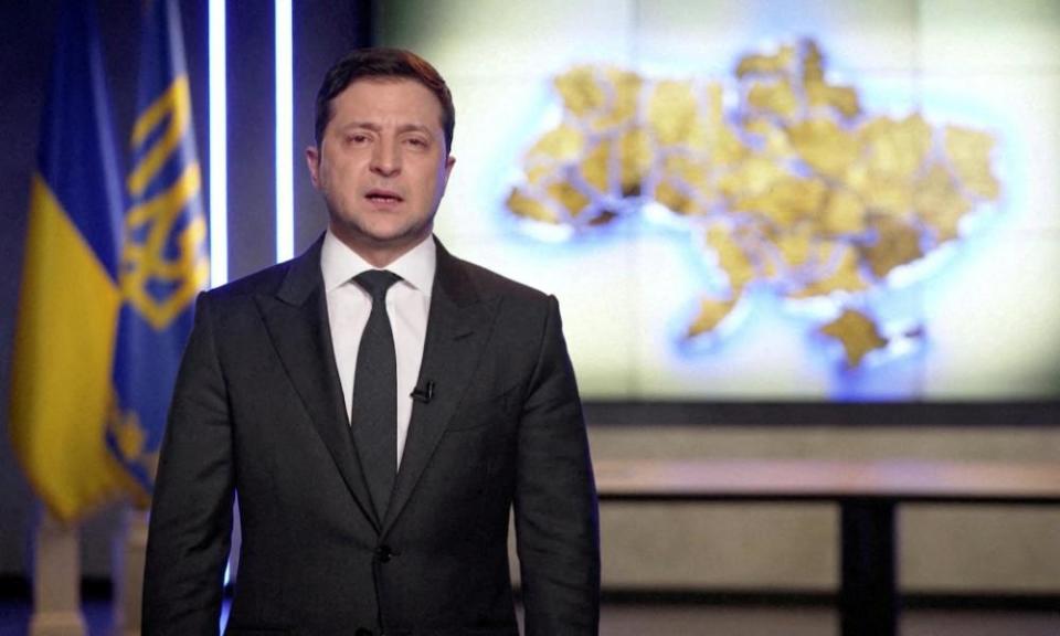 Volodymyr Zelenskiy gives an address from Kyiv on 24 February