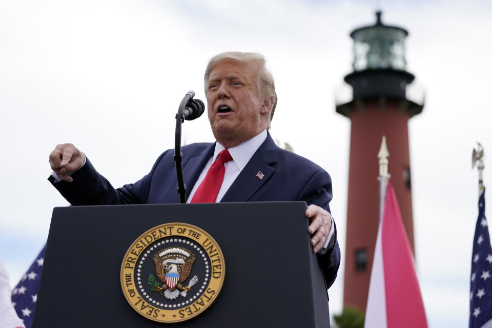 President Donald Trump speaks on the environment at the Jupiter Inlet Lighthouse and Museum, Tuesday, Sept. 8, 2020, in Jupiter, Fla. (AP Photo/Evan Vucci)