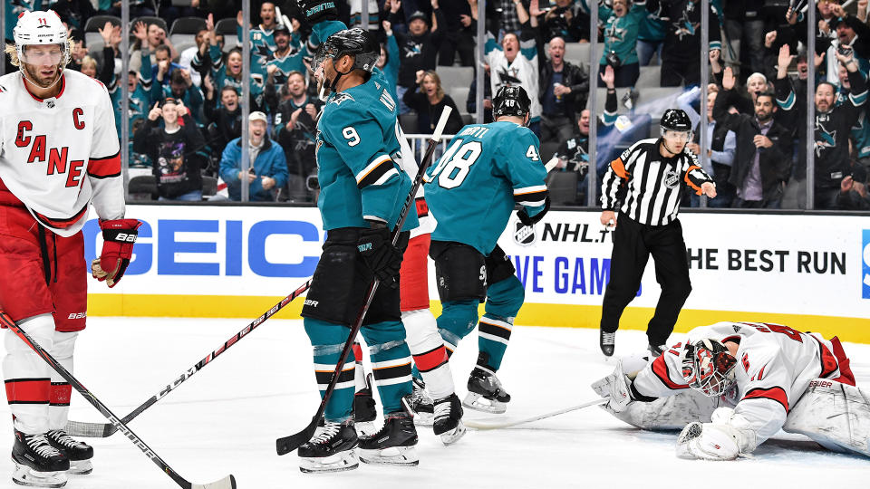 SAN JOSE, CA - OCTOBER 16: Evander Kane #9 of the San Jose Sharks celebrates scoring a goal against the Carolina Hurricanes at SAP Center on October 16, 2019 in San Jose, California. (Photo by Brandon Magnus/NHLI via Getty Images) 