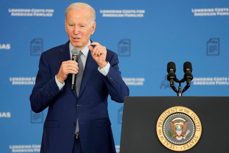 President Joe Biden speaks about health care and prescription drug costs at the University of Nevada, Las Vegas, Wednesday, March 15, 2023, in Las Vegas.  (AP Photo/John Locher) ORG XMIT: NVJL107