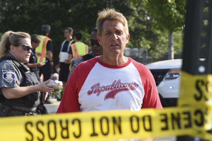 Sen. Jeff Flake on June 14 after the Congressional baseball practice in Alexandria, Va., where House Majority Whip Steve Scalise, R-La., was shot. (Photo: Kevin S. Vineys/AP)