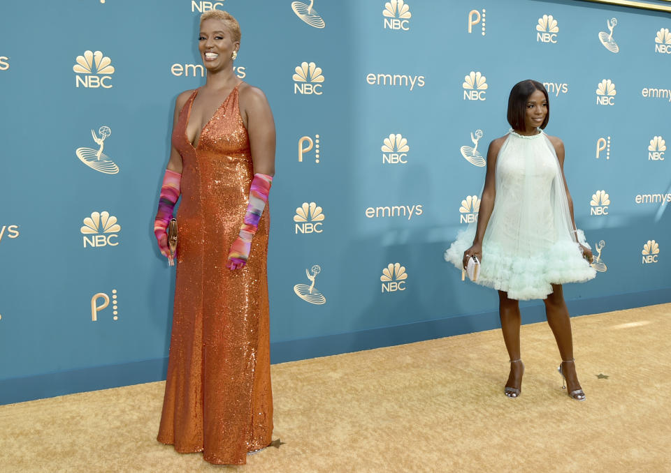 Chloe Hilliard, left, and Sydnee Washington arrive at the 74th Primetime Emmy Awards on Monday, Sept. 12, 2022, at the Microsoft Theater in Los Angeles. (Photo by Richard Shotwell/Invision/AP)