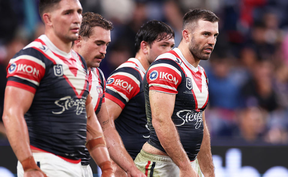 James Tedesco, pictured here during the Roosters' loss to Melbourne Storm.