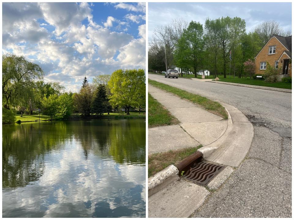 A pond in Grandville, Michigan, surrounded by tress; A suburban street in Grandville, Michigan with a brown house and a large car