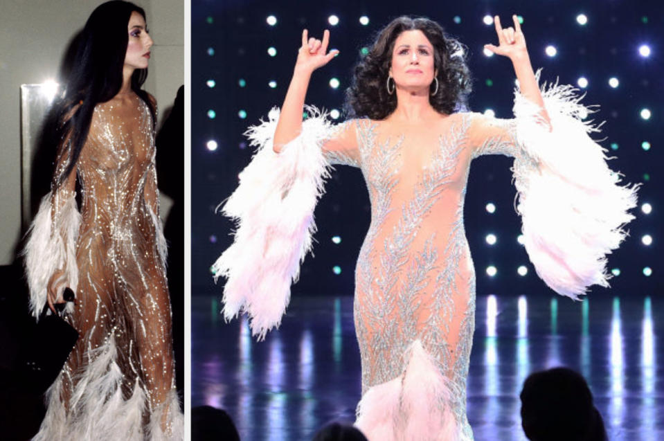 On the left, Cher appears at the 1974 MET Gala in a show-stopping Bob Mackie creation. The look is recreated with Stephanie J. Block performing as Cher on Broadway in 2018.  Costume designer: Bob Mackie