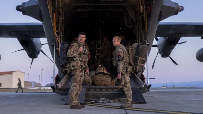 Lieutenant Colonel Oliver Denning and Duncan Maddocks on board the C-130 bound for Sudan