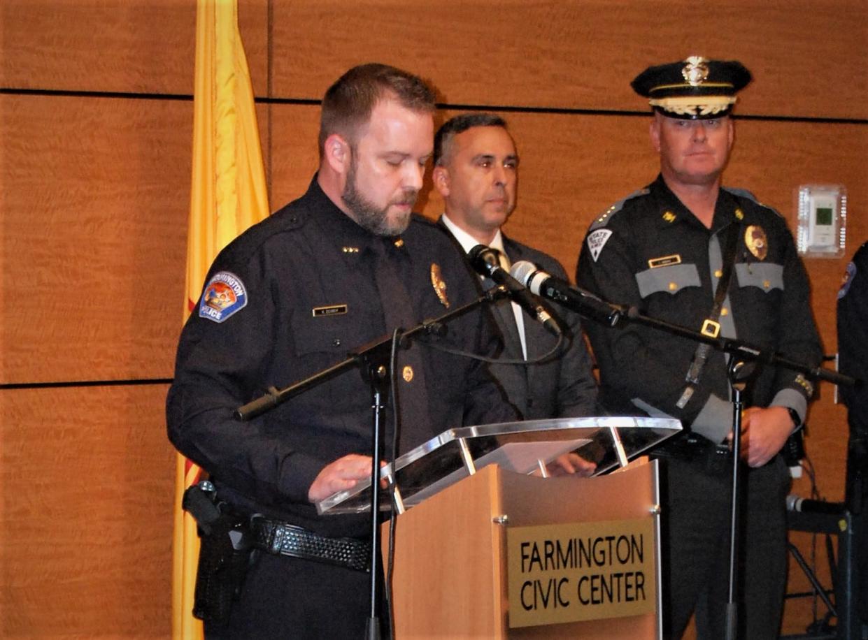 Deputy Chief Kyle Dowdy of the Farmington Police Department offers details about the May 15, 2023, mass shooting in Farmington during a May 16, 2023, press conference at the Farmington Civic Center while other law enforcement officials listen.