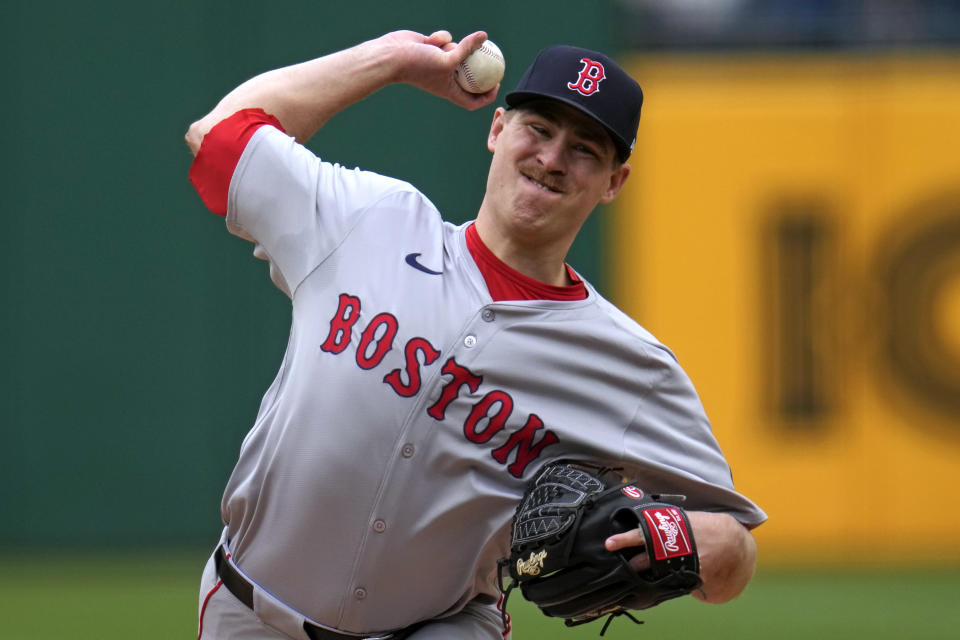 Boston Red Sox starting pitcher Josh Winckowski delivers during the second inning of the team's baseball game against the Pittsburgh Pirates in Pittsburgh, Sunday, April 21, 2024. (AP Photo/Gene J. Puskar)