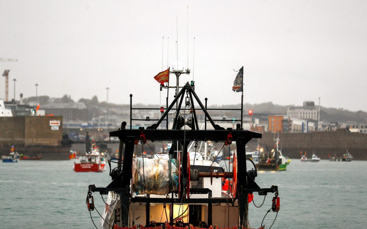 French fishing boats protest in front of the port of St Helier off the British island of Jersey  - Sameer Al-Doumy/AFP