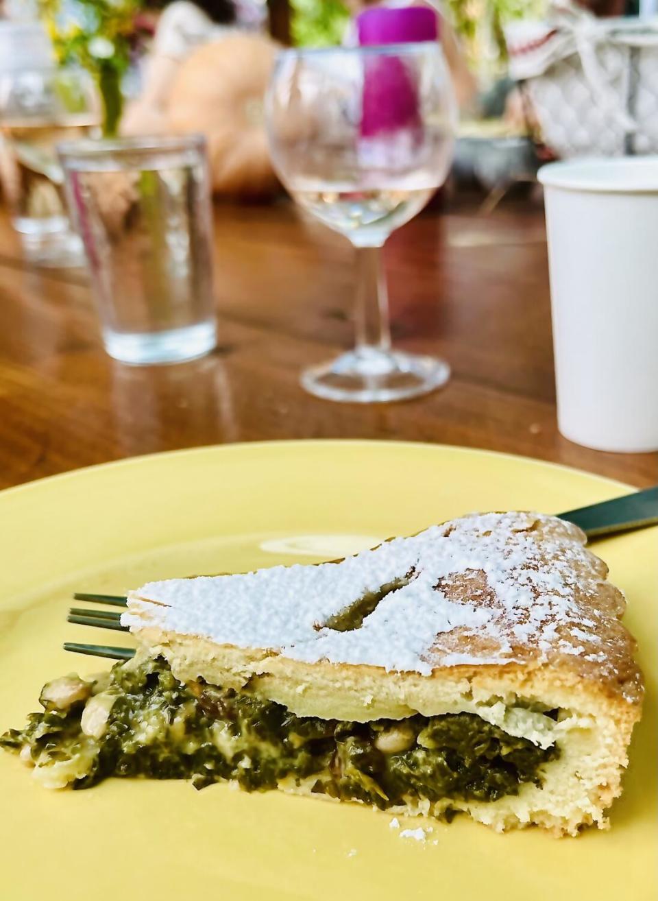 A slice of Rosa Jackson's tourte de blettes sucrée (sweet Swiss chard pie).