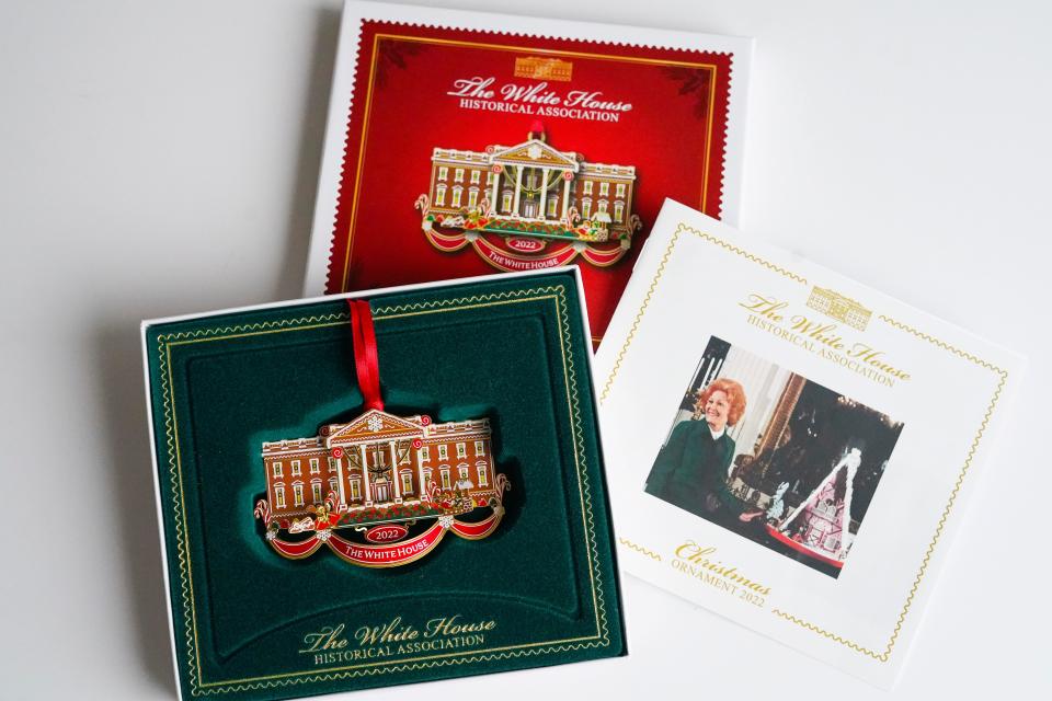 The association sells the ornaments for $24.95 each, less if multiple items are purchased. Included is a gingerbread scented insert, booklet and recipe card ​featuring a gingerbread recipe from first lady Pat Nixon's time at the White House, the White House Historical Association says.