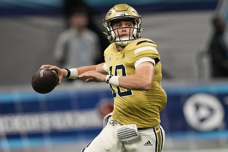 Georgia Tech quarterback Haynes King (10) passes the ball against Louisville during the second half of an NCAA college football game, Friday, Sept. 1, 2023, in Atlanta. Louisville won 39-34. (AP Photo/Mike Stewart)