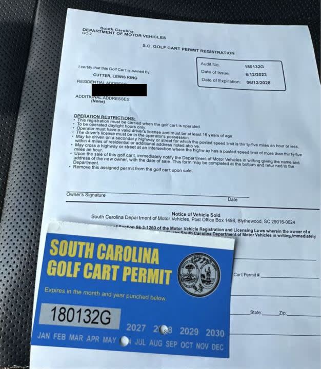 TheSCDMV golf cart registration King Cutter handed up to the court on Nov. 15, 2023, showing registration on his golf cart. The registration is dated June 12, 2023 – the day after the golf cart crash. (Source: SCDPS)