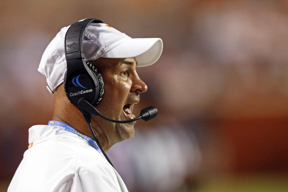 Tennessee head coach Jeremy Pruitt yells to his players in the second half of an NCAA college football game against Brigham Young Saturday, Sept. 7, 2019, in Knoxville, Tenn. (AP Photo/Wade Payne)