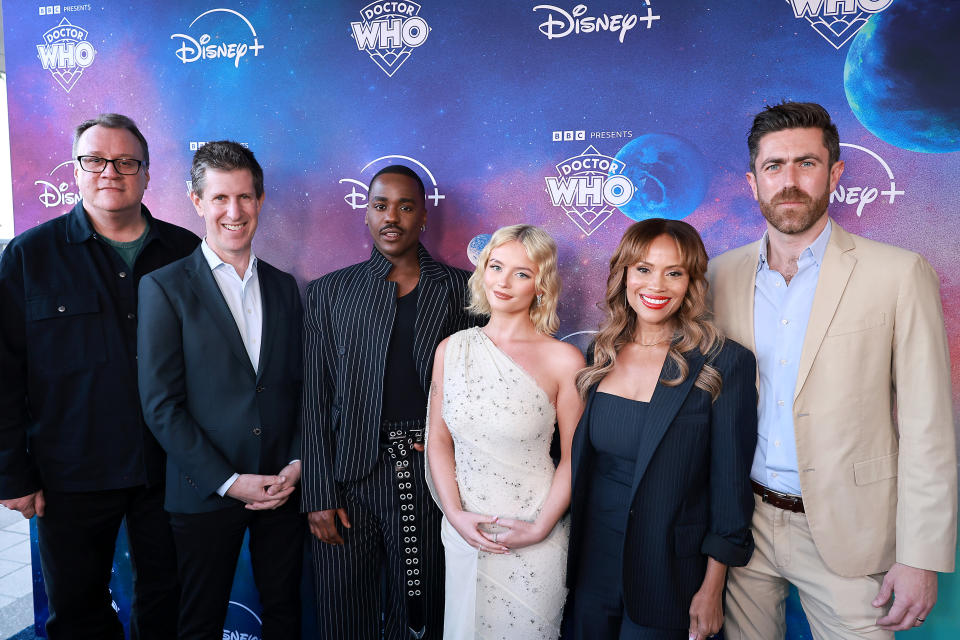 Russell T Davies, Craig Erwich, Ncuti Gatwa, Millie Gibson, Ayo Davis, and Charlie Andrews attend the U.S. premiere of the new season of the Disney+ series “Doctor Who”