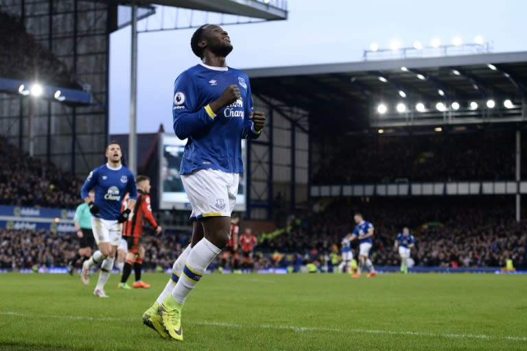 Everton's Romelu Lukaku celebrates after scoring a goal during their English Premier League match against Bournemouth, at Goodison Park in Liverpool, on February 4, 2017