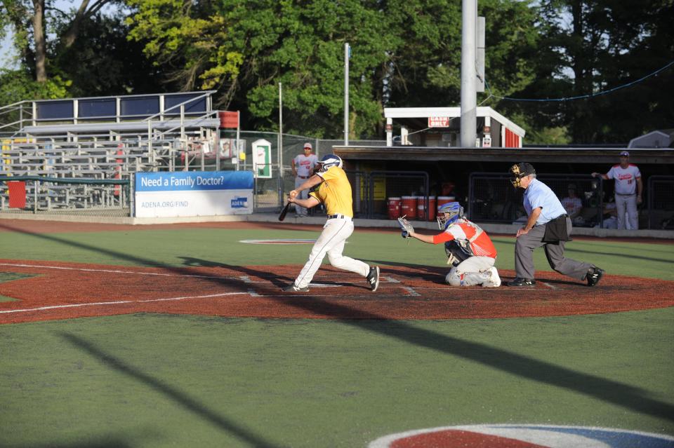 Post 757 pitcher, Dave Magill leading off the fourth inning with a double against the Central Ohio Knights 457.
