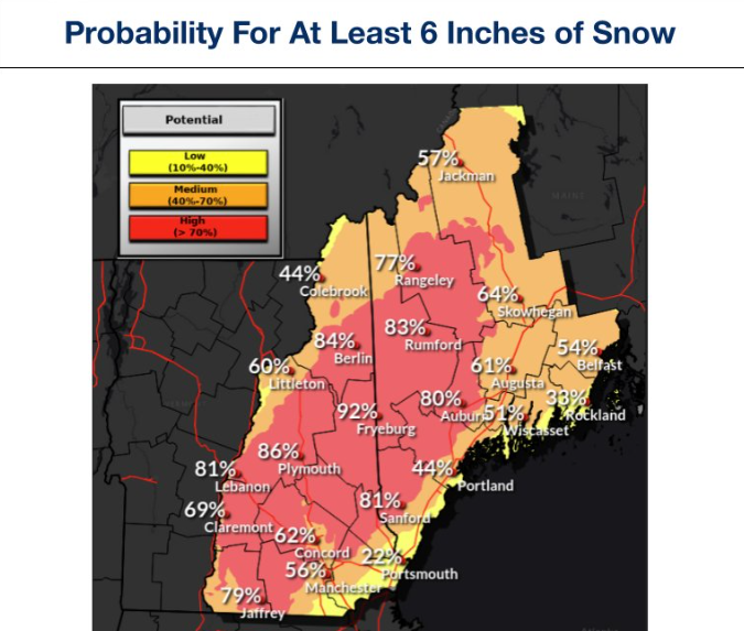 The National Weather Service is projecting most communities in Maine and New Hampshire will be hit with a snowstorm later this week, beginning late Wednesday, April 3 into the following day. Some inland communities could face at least a foot of snow.