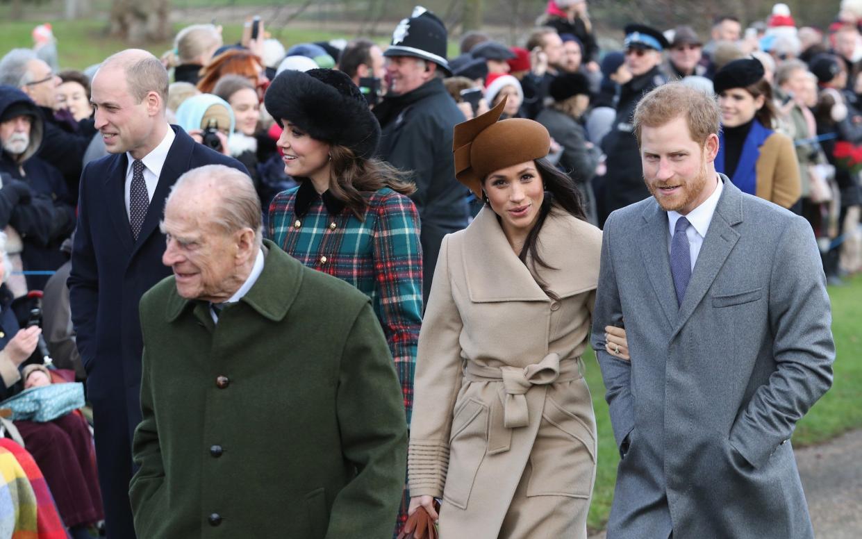 Prince William, Duke of Cambridge, Prince Philip, Duke of Edinburgh, Catherine, Duchess of Cambridge, Meghan Markle and Prince Harry attend Christmas Day Church service at Church of St Mary Magdalene, King's Lynn, Norfolk, in 2017