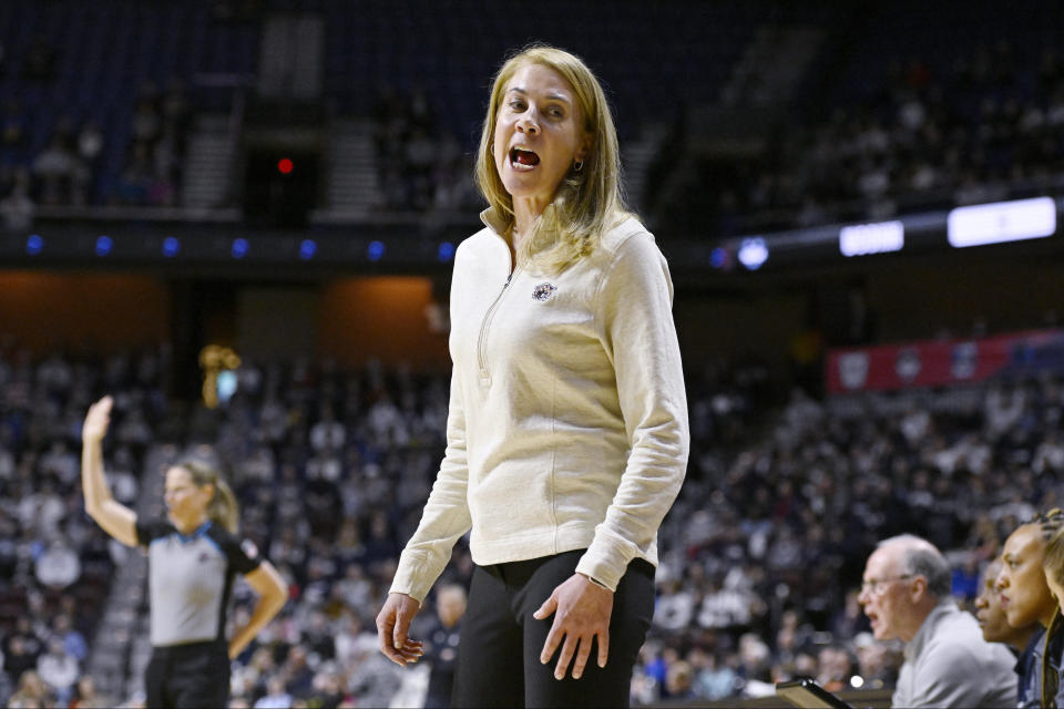 Villanova head coach Denise Dillon reacts during the first half of an NCAA college basketball game against UConn in the finals of the Big East Conference tournament at Mohegan Sun Arena, Monday, March 6, 2023, in Uncasville, Conn. (AP Photo/Jessica Hill)