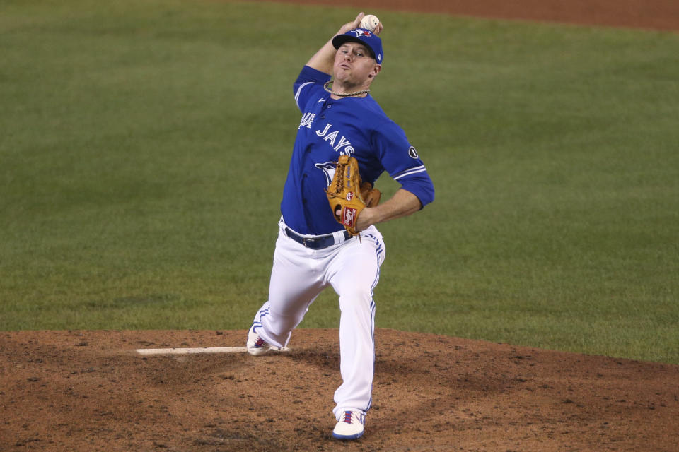 Toronto Blue Jays pitcher Chase Anderson delivers to a Baltimore Orioles batter during the sixth inning of a baseball game Saturday, Sept. 26, 2020, in Buffalo, N.Y. (AP Photo/Jeffrey T. Barnes)