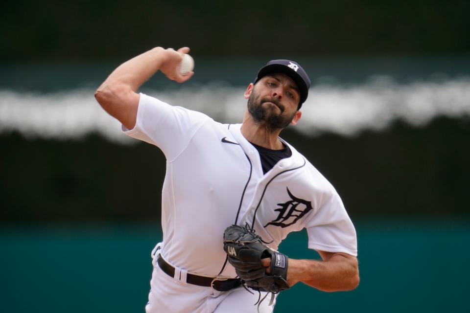 Detroit Tigers pitcher Michael Fulmer throws against the Pittsburgh Pirates in the first inning during the first game of a doubleheader in Detroit, Wednesday, April 21, 2021.