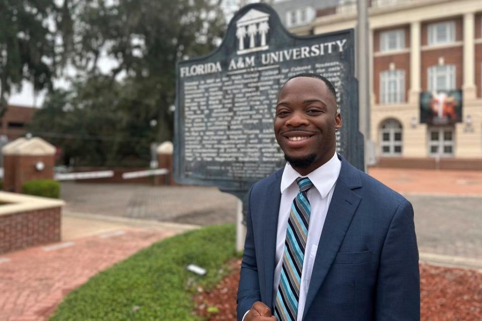 Jovan Mickens, a political science major at Florida AM University, poses for a photo before class on Sept. 27, 2023, in Tallahassee. Some students at Florida A&M now fear political constraints might get in the way of teaching parts of their history.