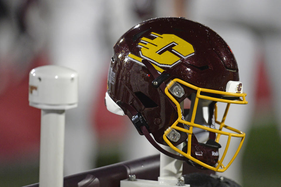 MUNCIE, IN - NOVEMBER 17: A Central Michigan Chippewas helmet sits on the back of the team bench during the college football game between the Central Michigan Chippewas and the Ball State Cardinals on November 17, 2021, at Scheumann Stadium in Muncie, Indiana. (Photo by Michael Allio/Icon Sportswire via Getty Images)