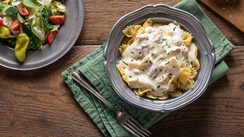 chicken alfredo on table