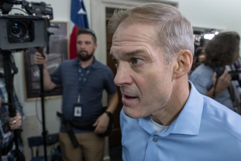 Rep. Jim Jordan, R-Ohio, arrives as Republicans meet to decide who to nominate to be the new House speaker, on Capitol Hill in Washington, late Tuesday, Oct. 24, 2023. (AP Photo/Alex Brandon)
