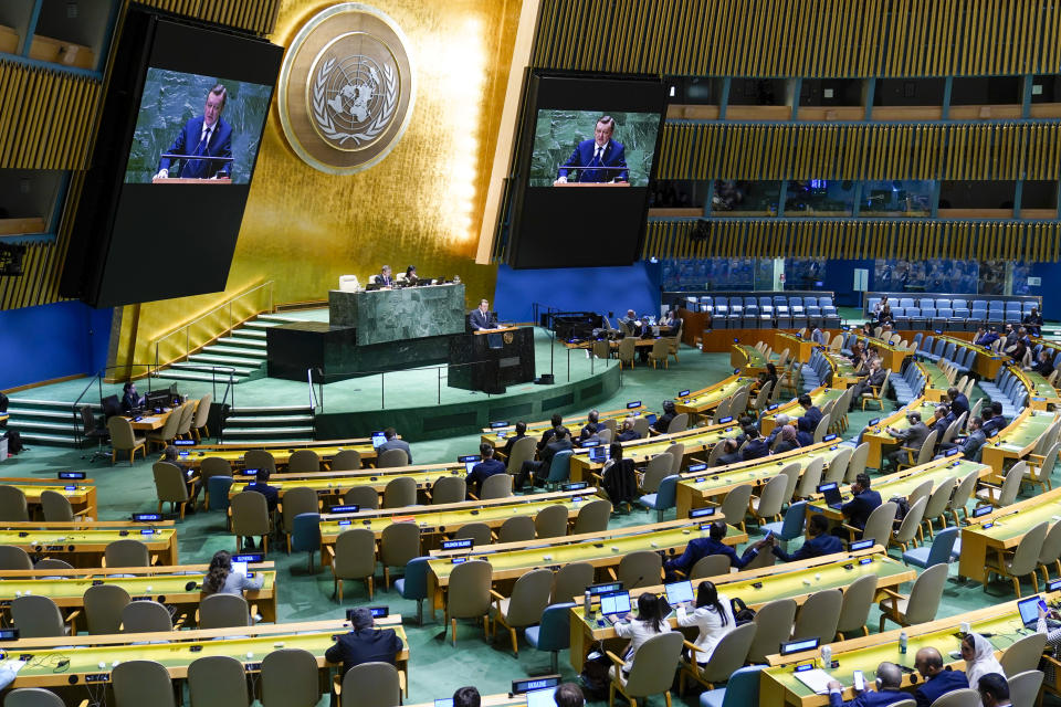 Belarus Foreign Minister Sergei Aleinik addresses the 78th session of the United Nations General Assembly, Saturday, Sept. 23, 2023, at United Nations headquarters. (AP Photo/Mary Altaffer)