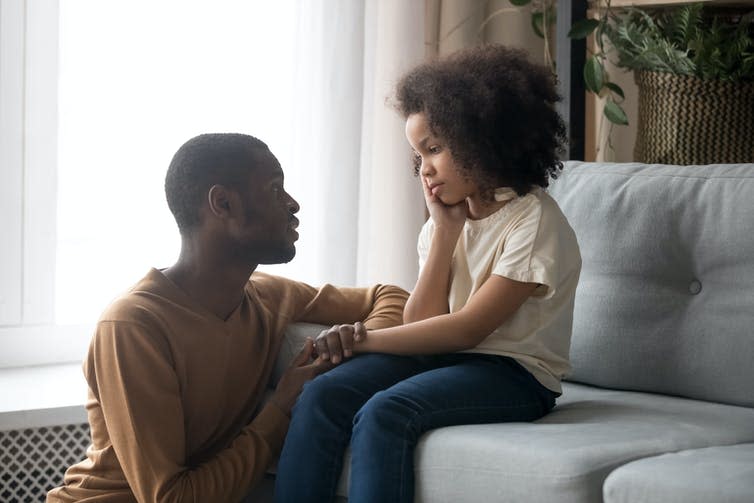 <span class="caption">Help children understand the impact of COVID-19 on their lives through open and honest conversations.</span> <span class="attribution"><a class="link " href="https://www.shutterstock.com/image-photo/black-father-daughter-relaxing-bed-look-411239116" rel="nofollow noopener" target="_blank" data-ylk="slk:fizkes/Shutterstock;elm:context_link;itc:0;sec:content-canvas">fizkes/Shutterstock</a></span>