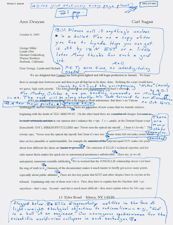 A letter from Carl Sagan and Ann Druyan (page 1 of 2) to Warner Brothers’ production team, dating from Oct 6, 1995. The letter details plans for the sci-fi film that became the Jodie Foster vehicle "Contact."