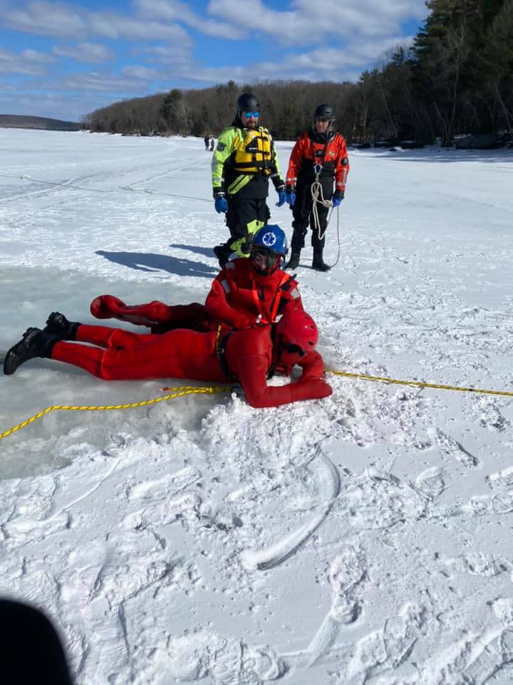 Tafton Dive/Rescue volunteers are shown at an ice rescue drill on Lake Wallenpaupack.