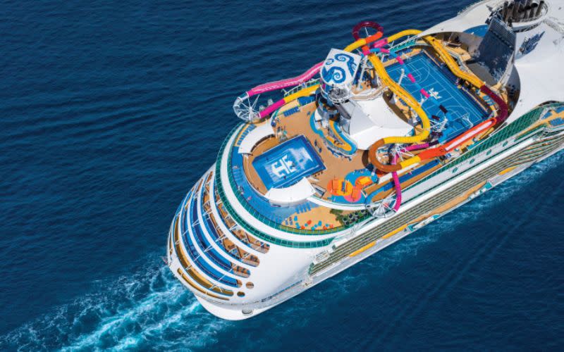 modern cruise ship v titanic 
Pictured: aerial view of Navigator of the Seas - best cruise deals summer 2023