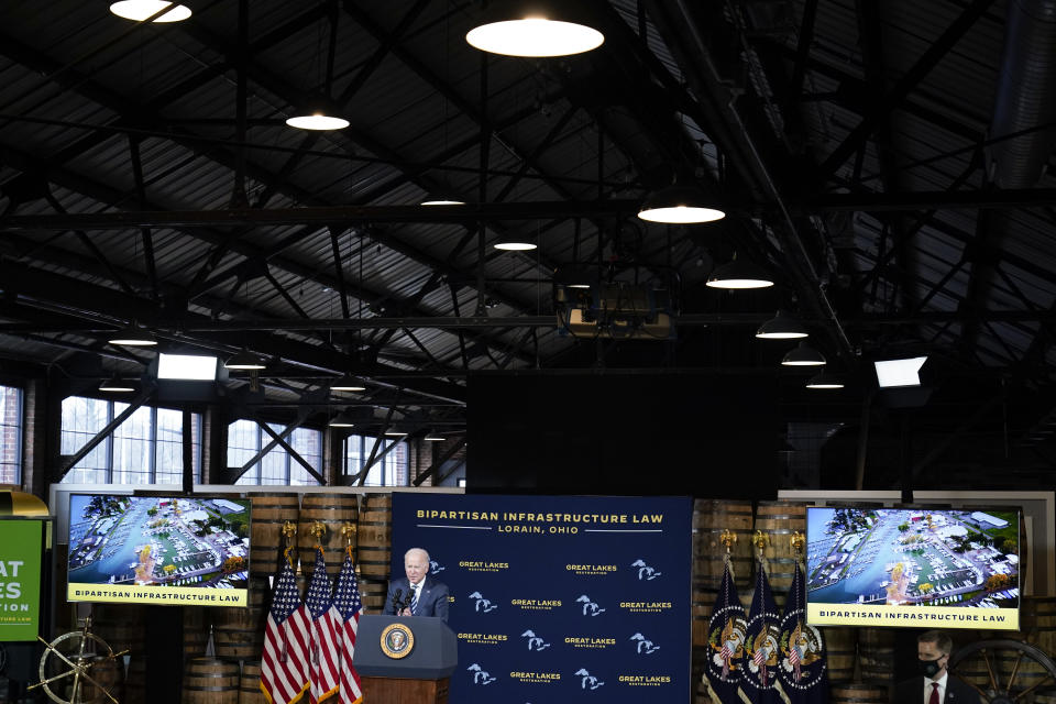 President Joe Biden speaks the about the long-delayed cleanup of Great Lakes harbors and tributaries polluted with industrial toxins at the Shipyards, Thursday, Feb. 17, 2022, in Lorain, Ohio. Cleanup will accelerate dramatically with a $1 billion boost from Biden's infrastructure plan. (AP Photo/Alex Brandon)