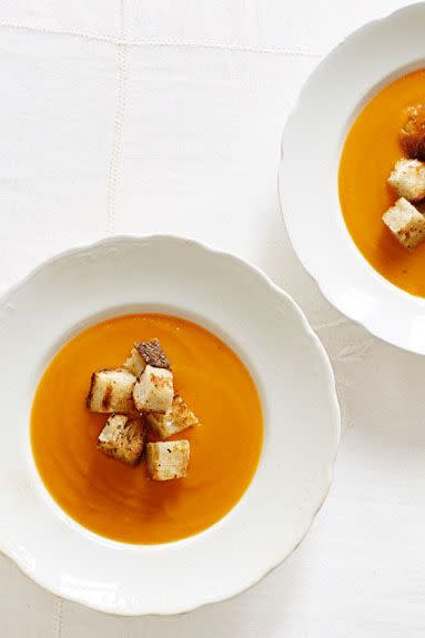 <p>Grated gruyère, chicken stock, and pumpkin purée (<a href="https://www.goodhousekeeping.com/food-recipes/dessert/a22021/homemade-pumpkin-puree-recipe/" rel="nofollow noopener" target="_blank" data-ylk="slk:learn how to make your own!;elm:context_link;itc:0;sec:content-canvas" class="link ">learn how to make your own!</a>) make this soup soar. Add croutons on top for the perfect crunch. </p><p><em><a href="https://www.goodhousekeeping.com/food-recipes/a14444/winter-squash-soup-recipe-ghk1113/" rel="nofollow noopener" target="_blank" data-ylk="slk:Get the recipe for Winter Squash Soup »;elm:context_link;itc:0;sec:content-canvas" class="link ">Get the recipe for Winter Squash Soup »</a></em><br></p>