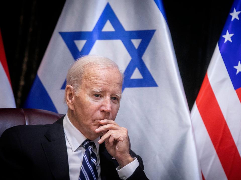 U.S. President Joe Biden pauses during a meeting with Israeli Prime Minister Benjamin Netanyahu to discuss the war between Israel and Hamas, in Tel Aviv, Israel, Wednesday, Oct. 18, 2023. (Miriam Alster/Pool Photo via AP)