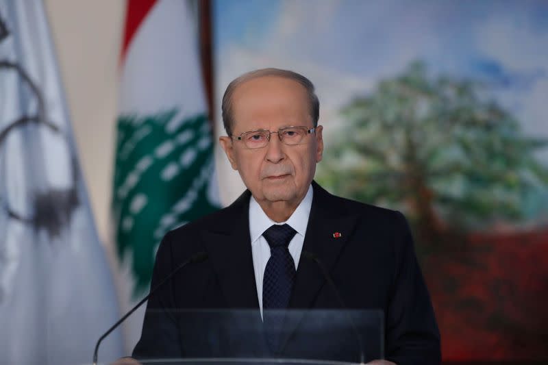 Lebanese President Aoun delivers televised address to the public on eve of Lebanon's centenary at the presidential palace in Baabda