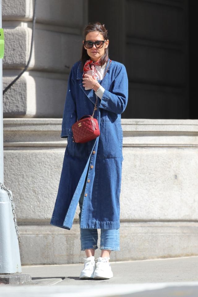 Katie Holmes in Red Tweed Jacket, Jeans, White Pumps at Chanel