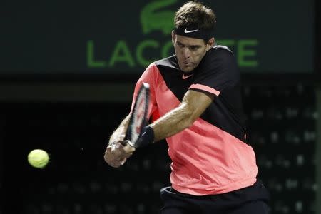 Mar 23, 2018; Key Biscayne, FL, USA; Juan Martin del Potro of Argentina hits a backhand against Robin Haase of the Netherlands (not pictured) on day four of the Miami Open at Tennis Center at Crandon Park. Mandatory Credit: Geoff Burke-USA TODAY Sports