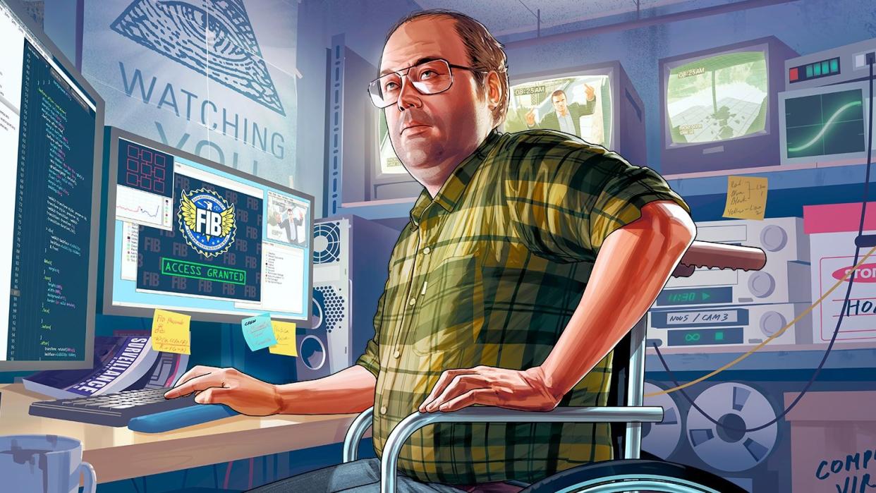  An image of Lester from GTA 5, surrounded by computer hardware. 