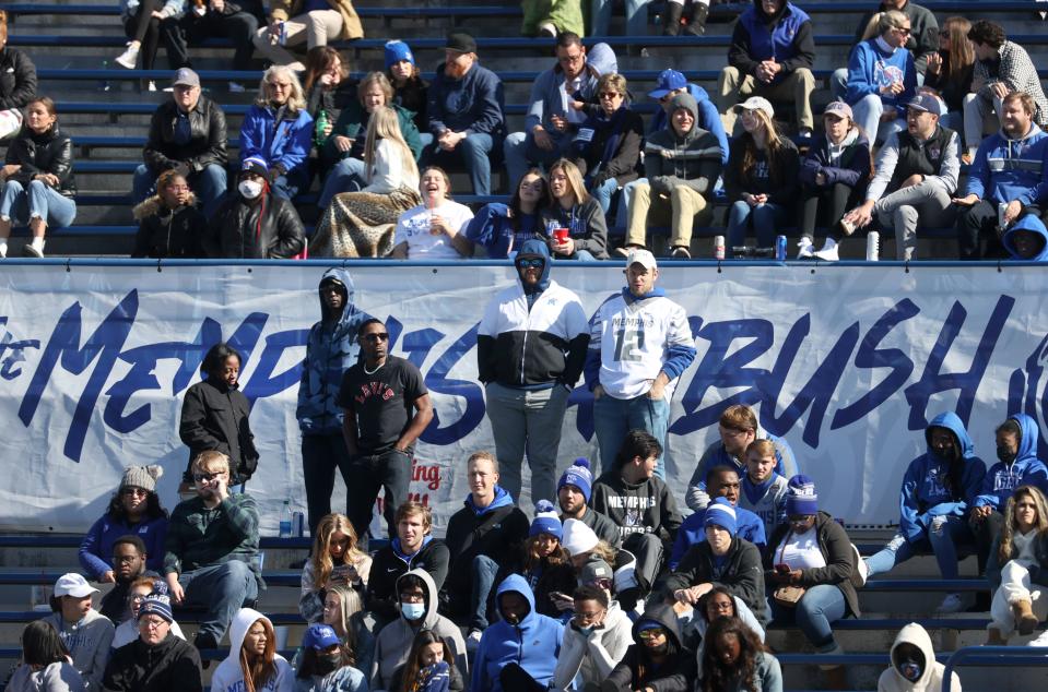 Fans watch from the stands as the Memphis Tigers take on the ECU Pirates at Liberty Bowl Memorial Stadium on Saturday, Nov. 13, 2021. 