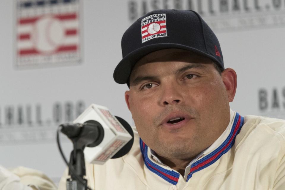 Newly elected baseball Hall of Fame inductee Ivan Rodriguez speaks to reporters during a news conference, Thursday, Jan. 19, 2017, in New York. (AP Photo/Mary Altaffer)