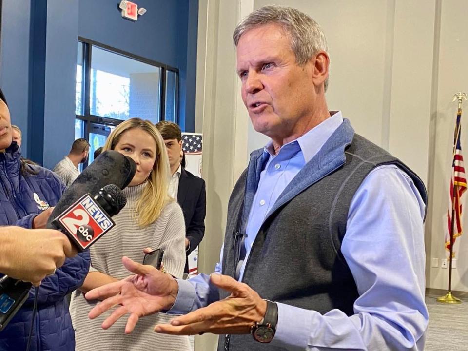 Gov. Bill Lee talks to reporters at Operation Stand Down in Nashville on Nov. 20, 2023