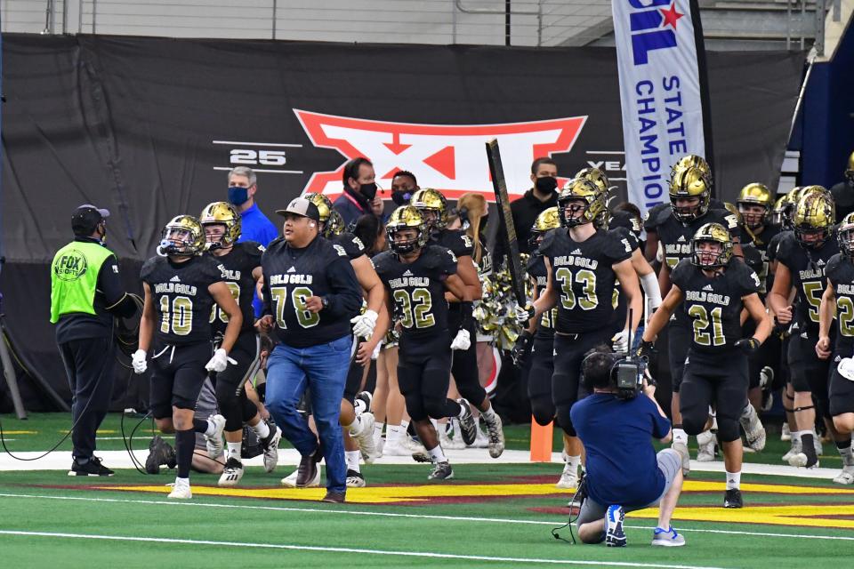 Post takes the field at the Class 2A Division I state championship football game against Shiner on Thursday, Dec. 17, 2020, at AT&T Stadium in Arlington, Texas.