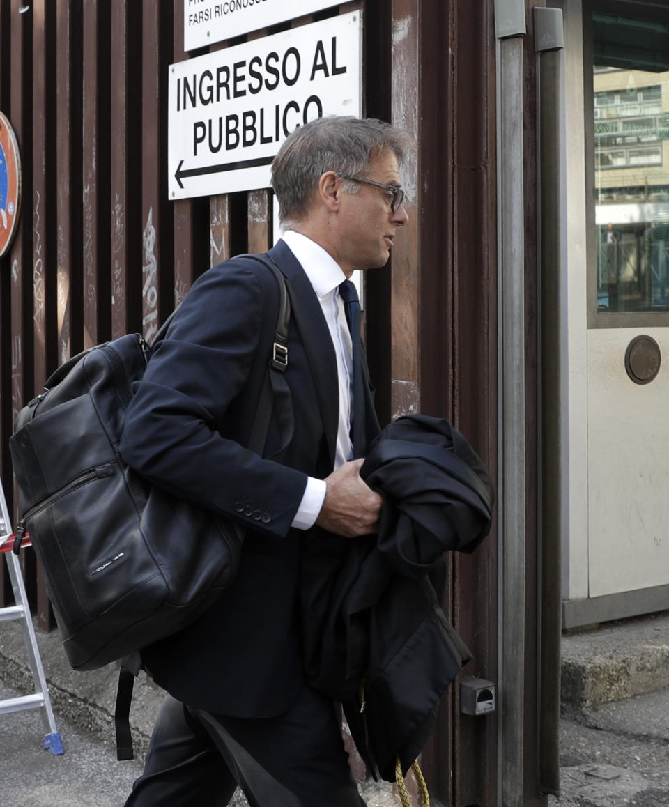 Roberto Capra, lawyer of American teenager Finnegan Lee Elder, arrives at Rome's courthouse, Monday, Sept. 16, 2019. The lawyers for one of two American teenagers being held in the July slaying of an Italian police officer have dropped a request for their client, Elder's friend Gabriel Natale-Hjorth, to be released, saying they need more time to study new evidence emerged from the investigation. (AP Photo/Gregorio Borgia)